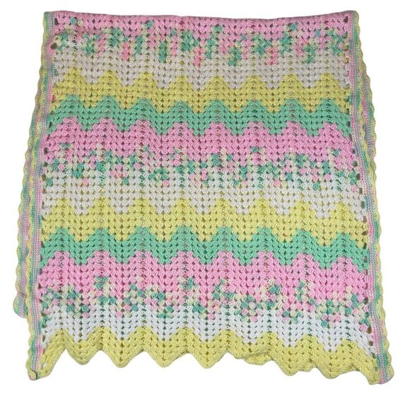 Handmade Crochet Baby Blanket Crib Afghan Pink Green Yellow White Multi 36"x76" - Picture 1 of 5